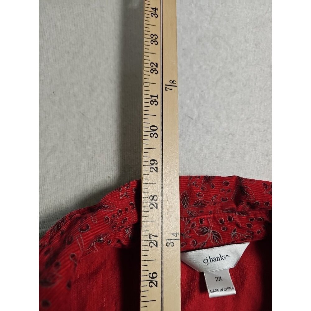CJ Banks‎ 2XL red floral corduroy long sleeve Button Down Cottage Core Granny - Picture 3 of 6